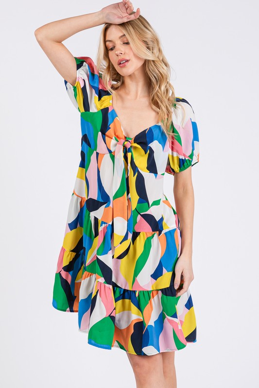Ces Femme Abstract Print Sweetheart Neck Puff Sleeve Dress - Whispering Desires Shoppe