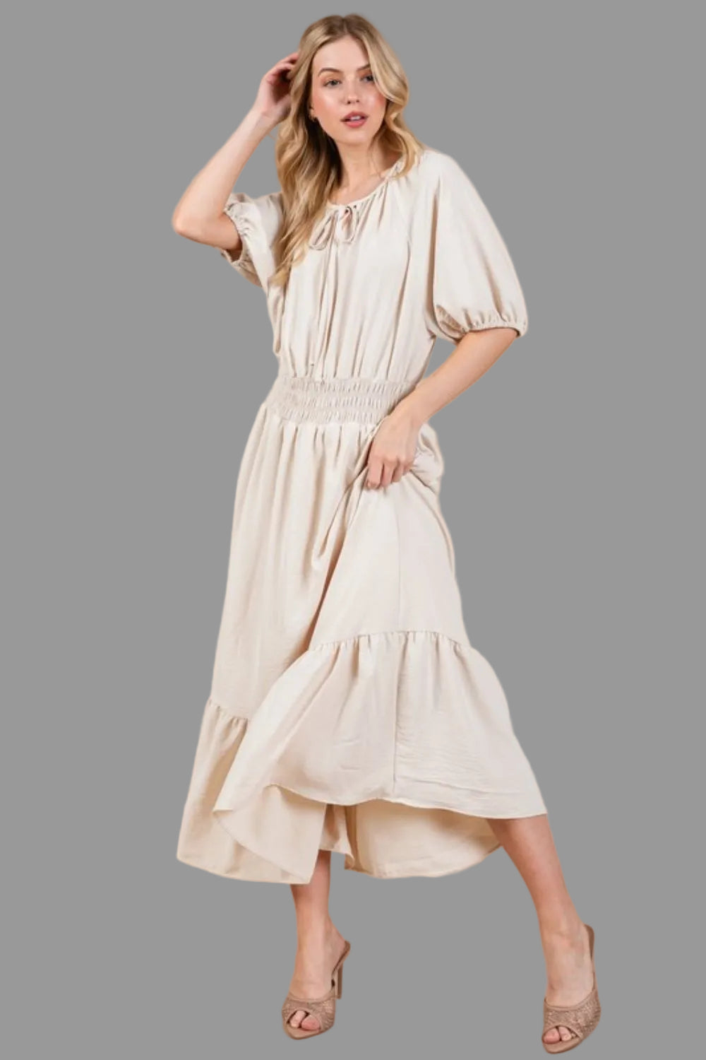 Ces Femme Smocked Elastic Waist Tie Neck Puff Sleeve Dress - Whispering Desires Shoppe