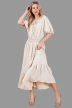 Ces Femme Smocked Elastic Waist Tie Neck Puff Sleeve Dress - Whispering Desires Shoppe