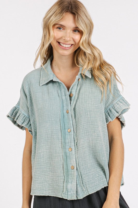 Mittoshop Mineral Washed Button Down Flounce Sleeve Shirt - Whispering Desires Shoppe