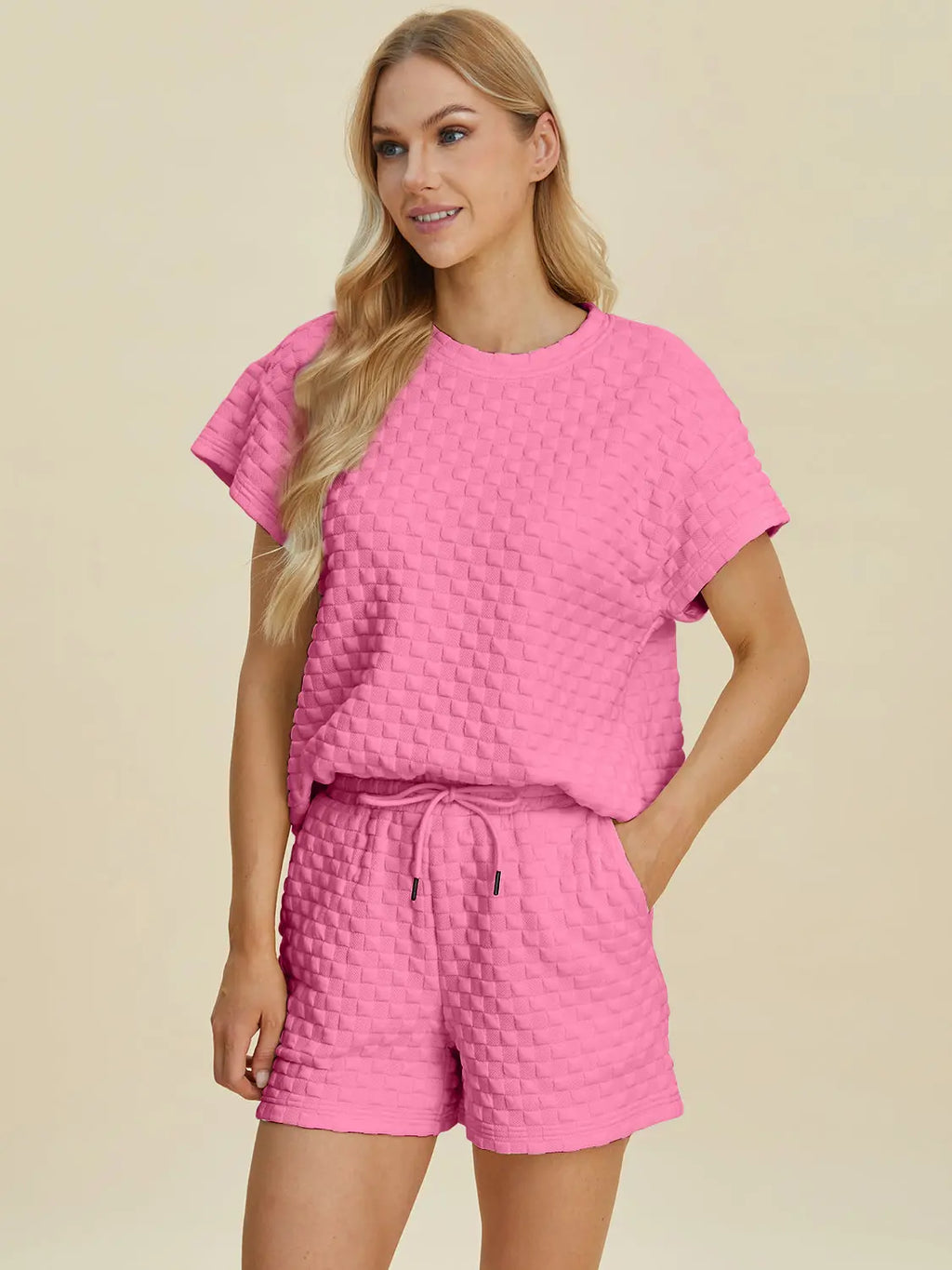 Double Take Textured T-Shirt & Drawstring Shorts Set - Whispering Desires Shoppe