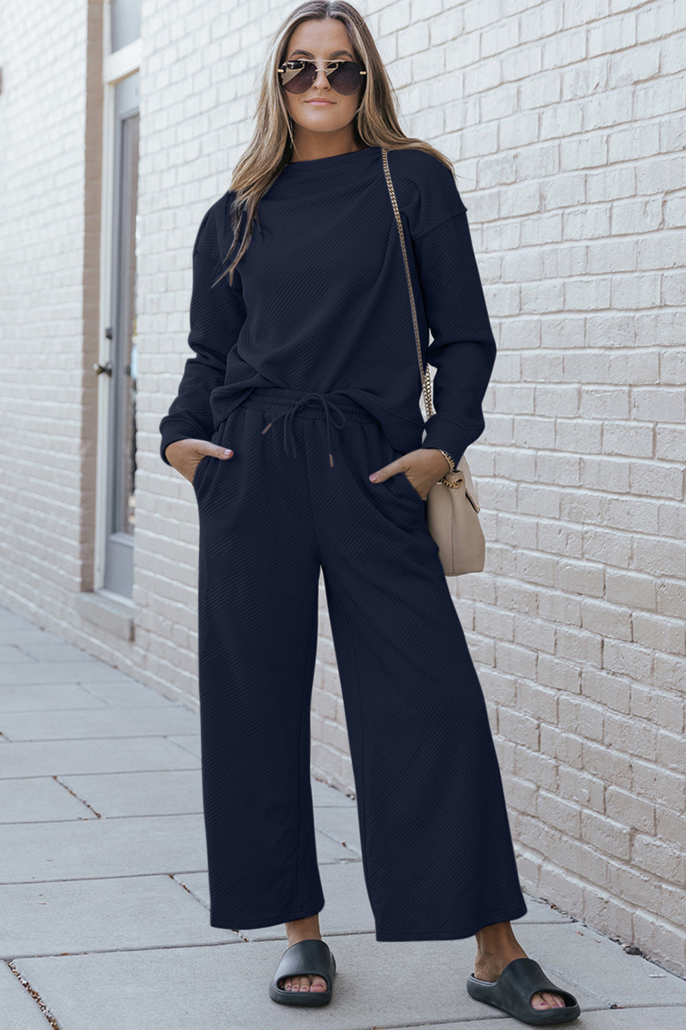 Double Take Full Size Textured Long Sleeve Top and Drawstring Pants Set - Whispering Desires Shoppe
