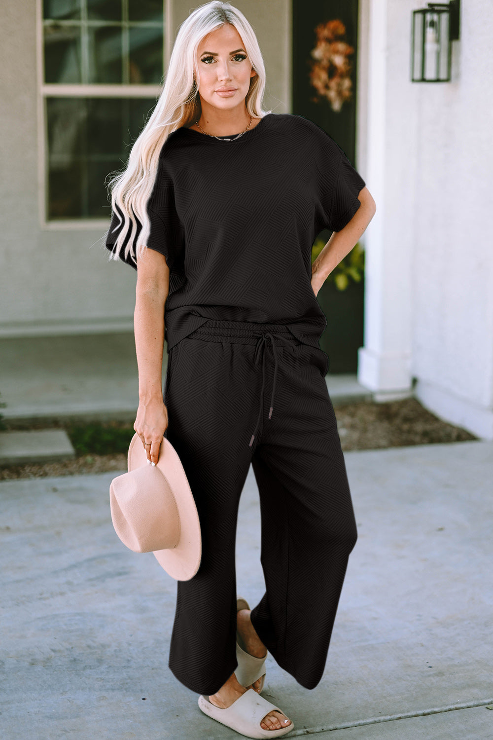 Double Take Full Size Texture Short Sleeve Top and Pants Set - Whispering Desires Shoppe