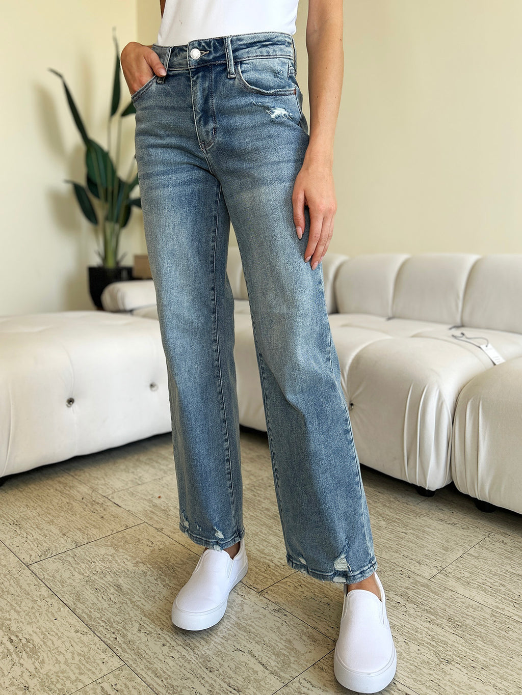 Judy Blue Mid-Rise Distressed Straight Jeans - Whispering Desires Shoppe