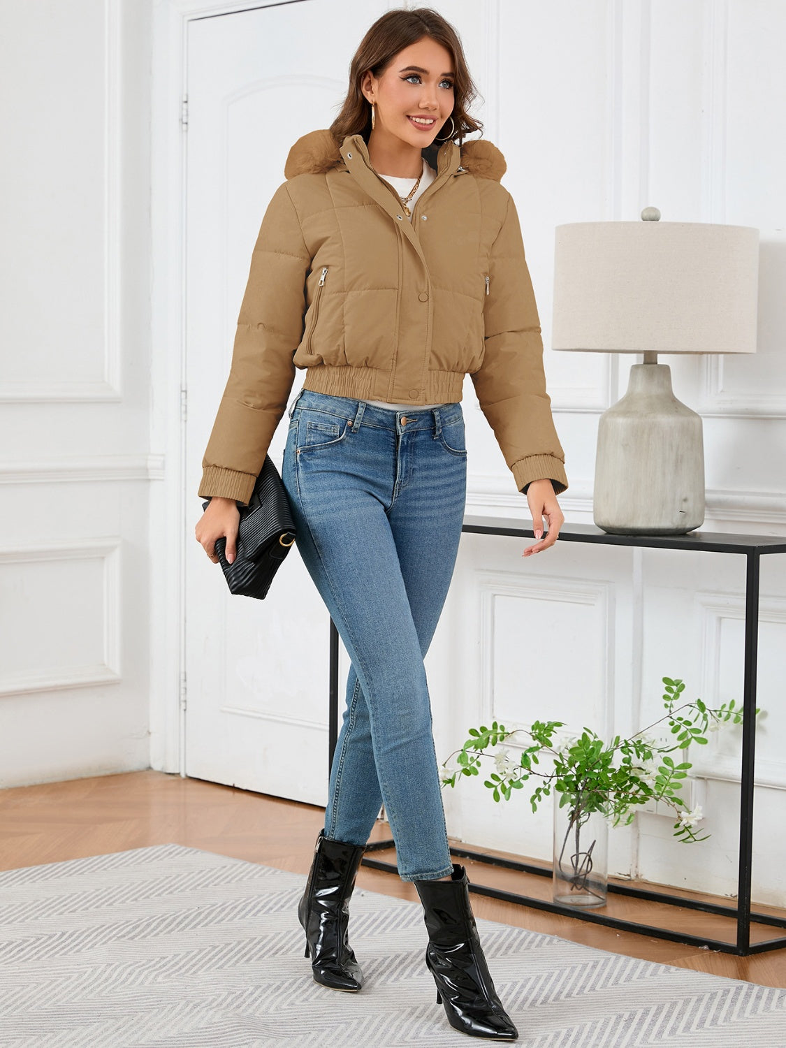 Pocketed Long Sleeve Cropped Hooded Winter Coat - Whispering Desires Shoppe