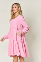 Double Take V-Neck Balloon Sleeve Tiered Dress w/ Pockets - Whispering Desires Shoppe