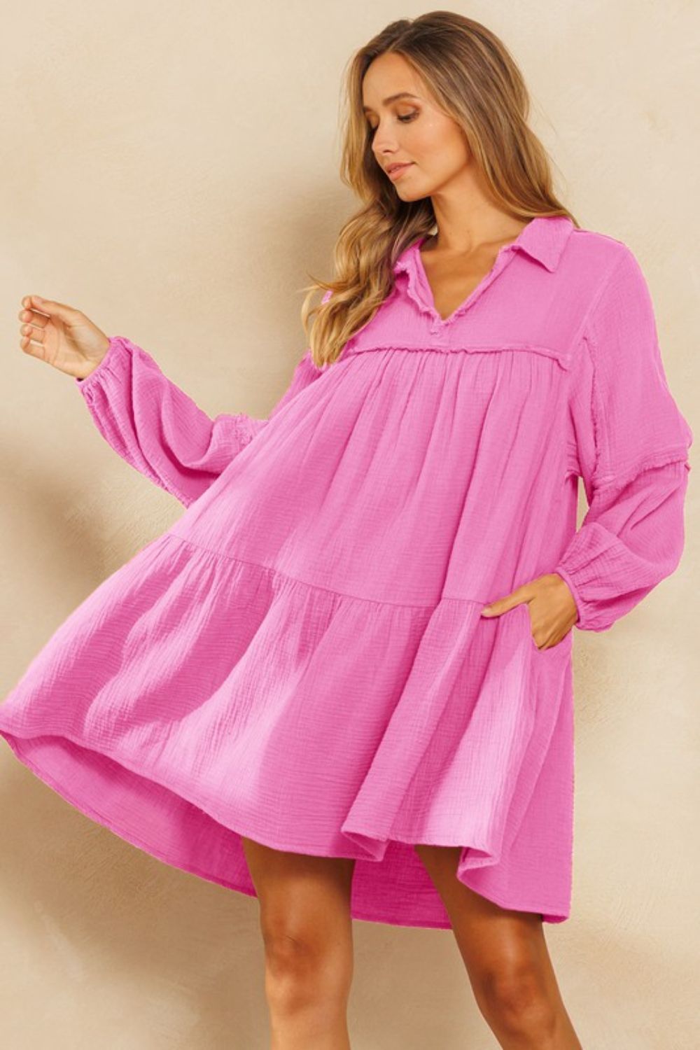 Ces Femme Johnny Collar Balloon Sleeve Mini Dress - Whispering Desires Shoppe