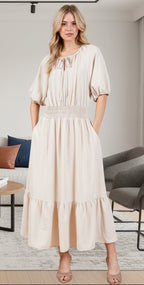 Ces Femme Smocked Elastic Waist Tie Neck Puff Sleeve Dress - Whispering Desires Shoppe