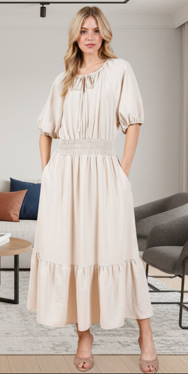 Ces Femme Smocked Elastic Waist Tie Neck Puff Sleeve Dress - Whispering Desires Shoppe