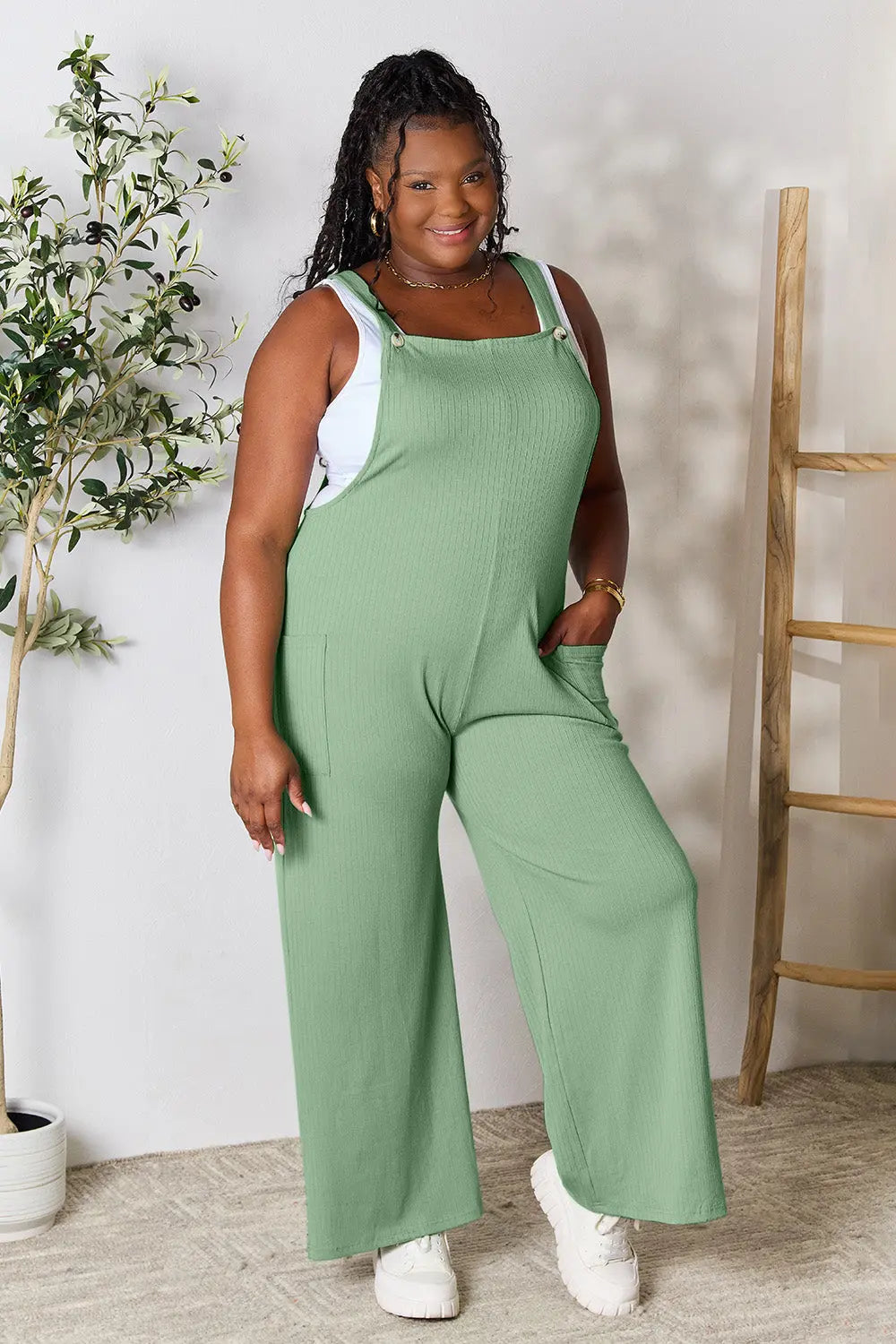 Double Take Wide-Strap Ribbed Overall with Pockets - Whispering Desires Shoppe