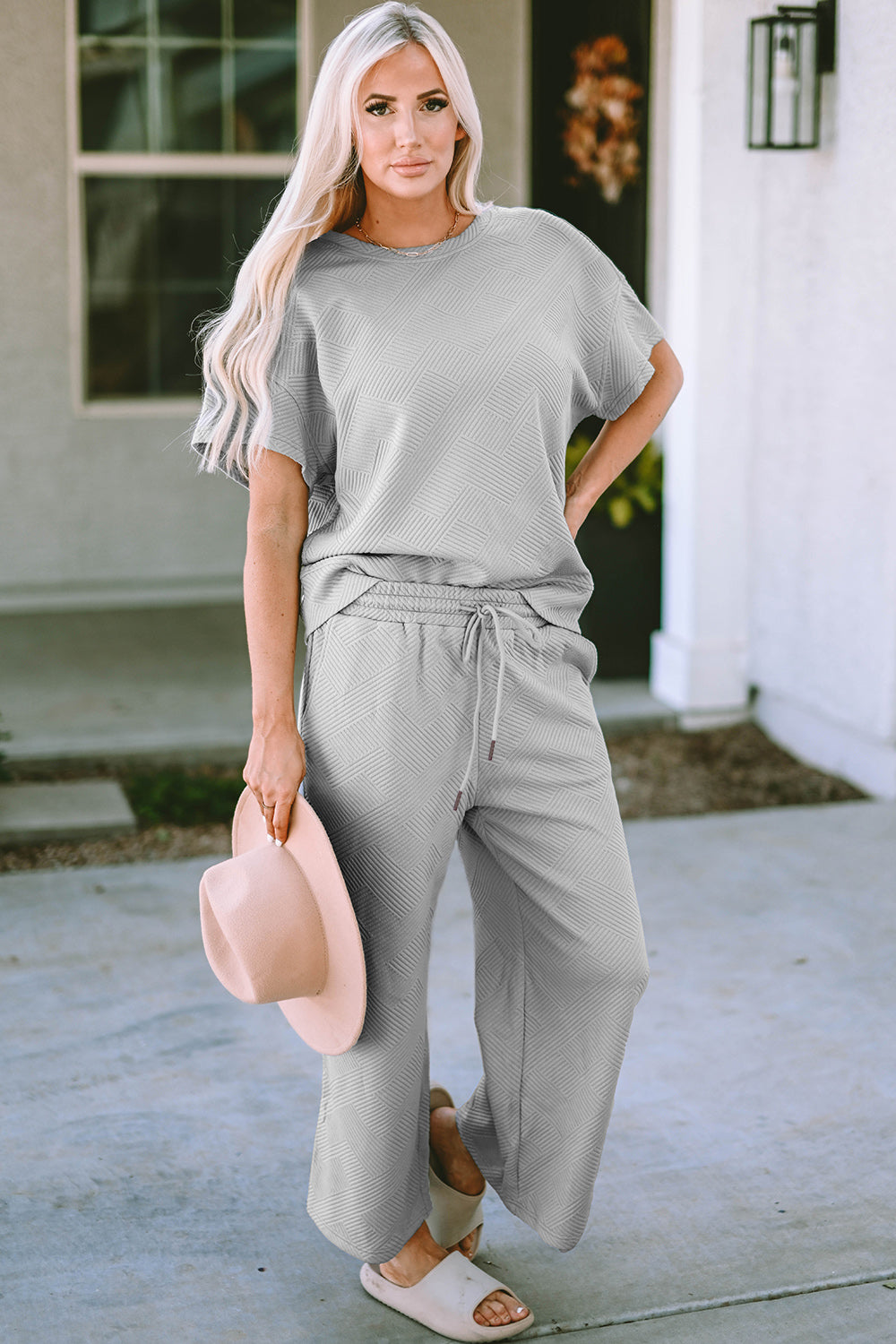 Double Take Full Size Texture Short Sleeve Top and Pants Set - Whispering Desires Shoppe