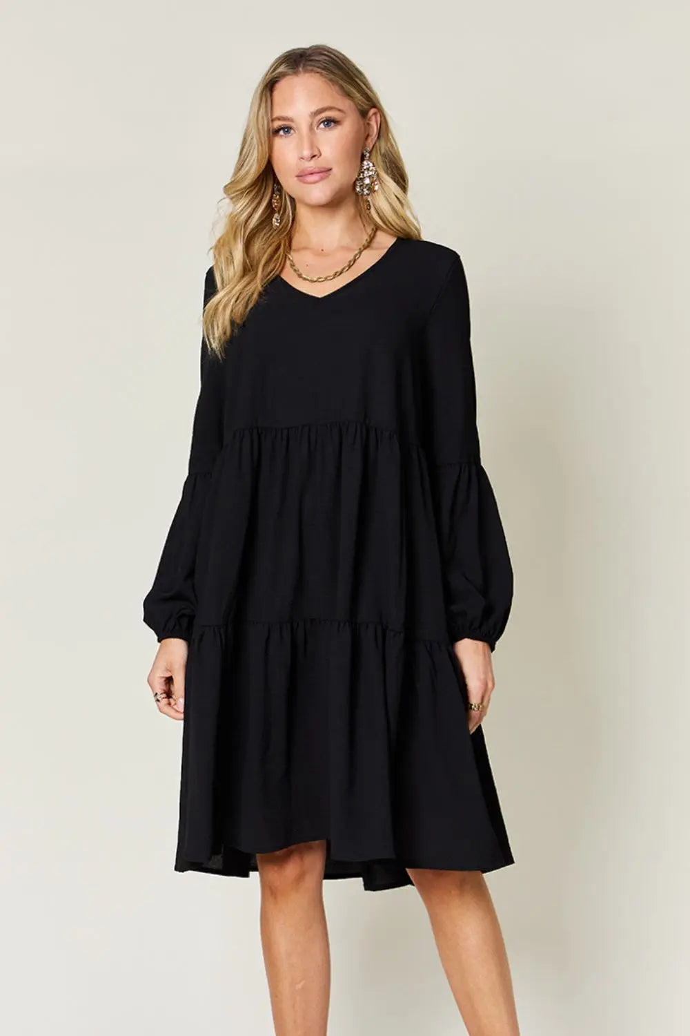 Double Take V-Neck Balloon Sleeve Tiered Dress w/ Pockets - Whispering Desires Shoppe