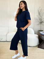 Double Take Full Size Texture Short Sleeve Top and Pants Set - Whispering Desires Shoppe