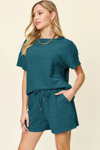 Double Take Textured Tee & Drawstring Shorts Set - Whispering Desires Shoppe