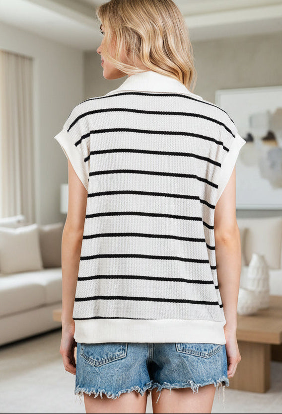 Ces Femme Collared Neck Contrast Striped Sweater Vest - Whispering Desires Shoppe