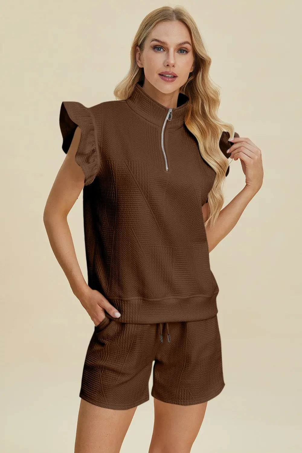 Double Take Flounce Sleeve Top & Drawstring Shorts - Whispering Desires Shoppe