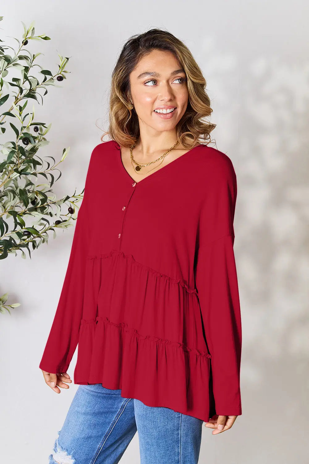 Double Take Ruffle-Hem Button Blouse - Whispering Desires Shoppe