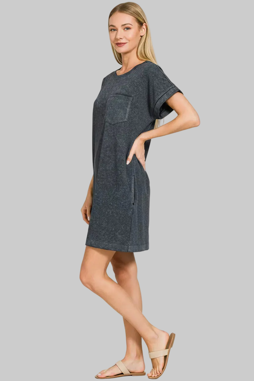 Zenana Premium Cotton Washed T-Shirt Dress with Pockets | Relaxed Fit Trendsi