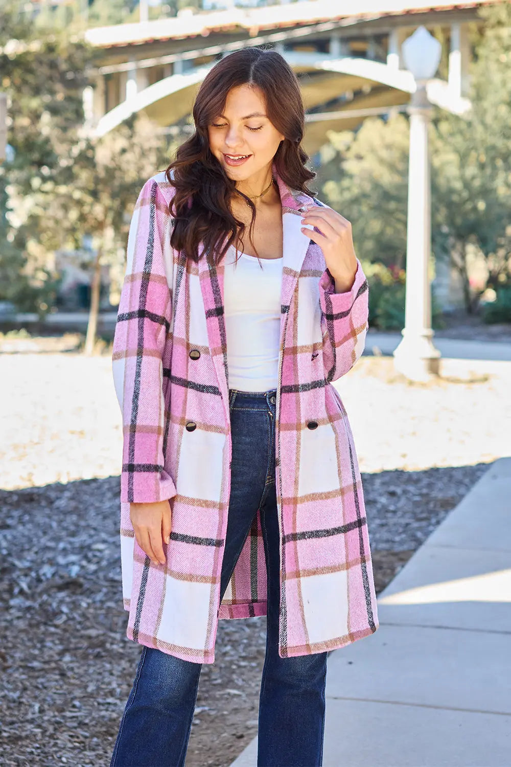 Double Take Full-Size Plaid Lapel Coat - Whispering Desires Shoppe