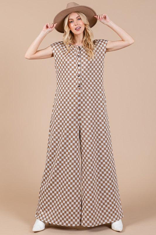 Ces Femme Checkered Half Button Cap Sleeve Jumpsuit - Whispering Desires Shoppe