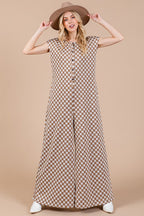 Ces Femme Checkered Half Button Cap Sleeve Jumpsuit - Whispering Desires Shoppe