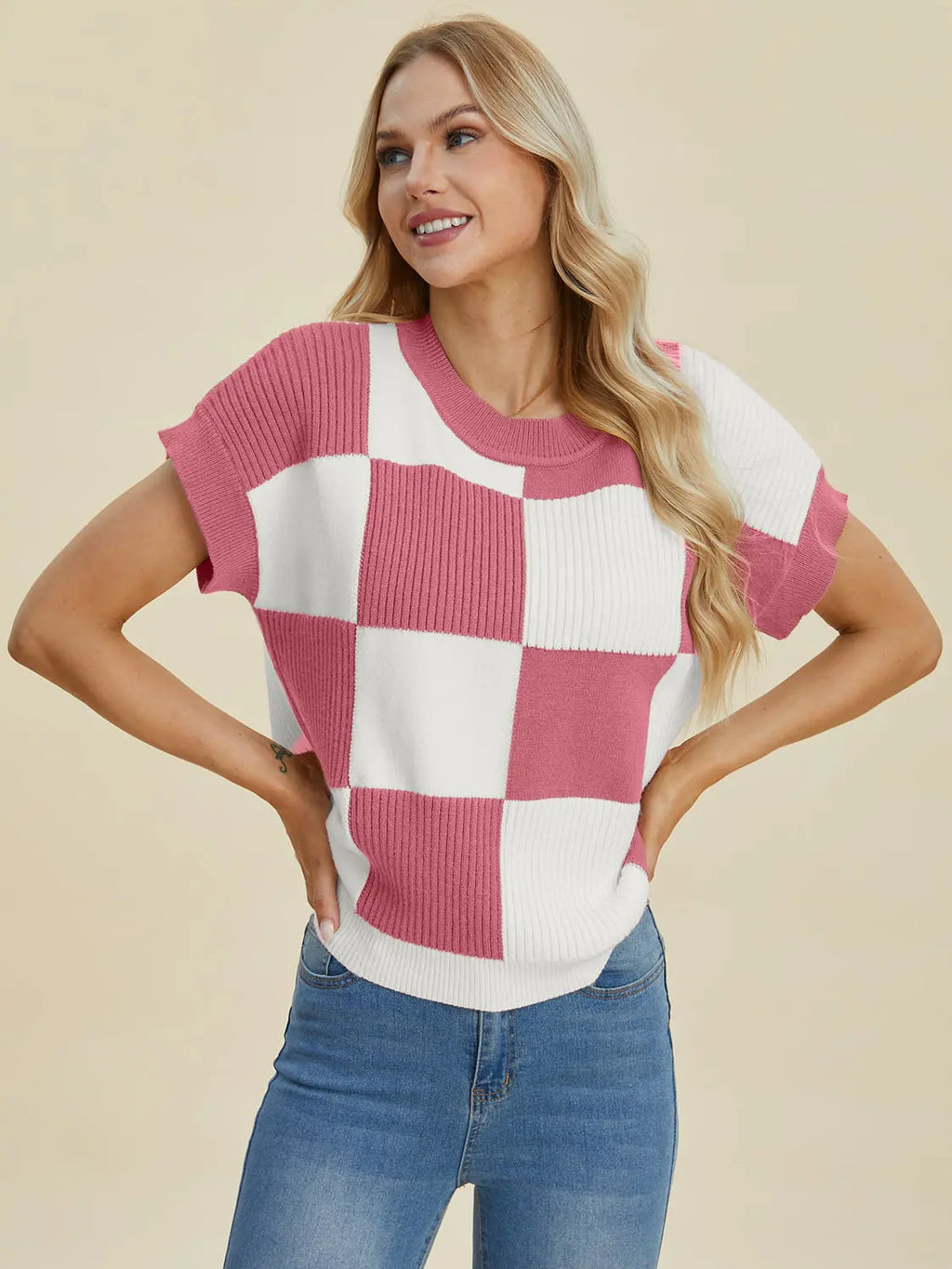Double Take Checkered Round-Neck Short-Sleeve Sweater - Whispering Desires Shoppe