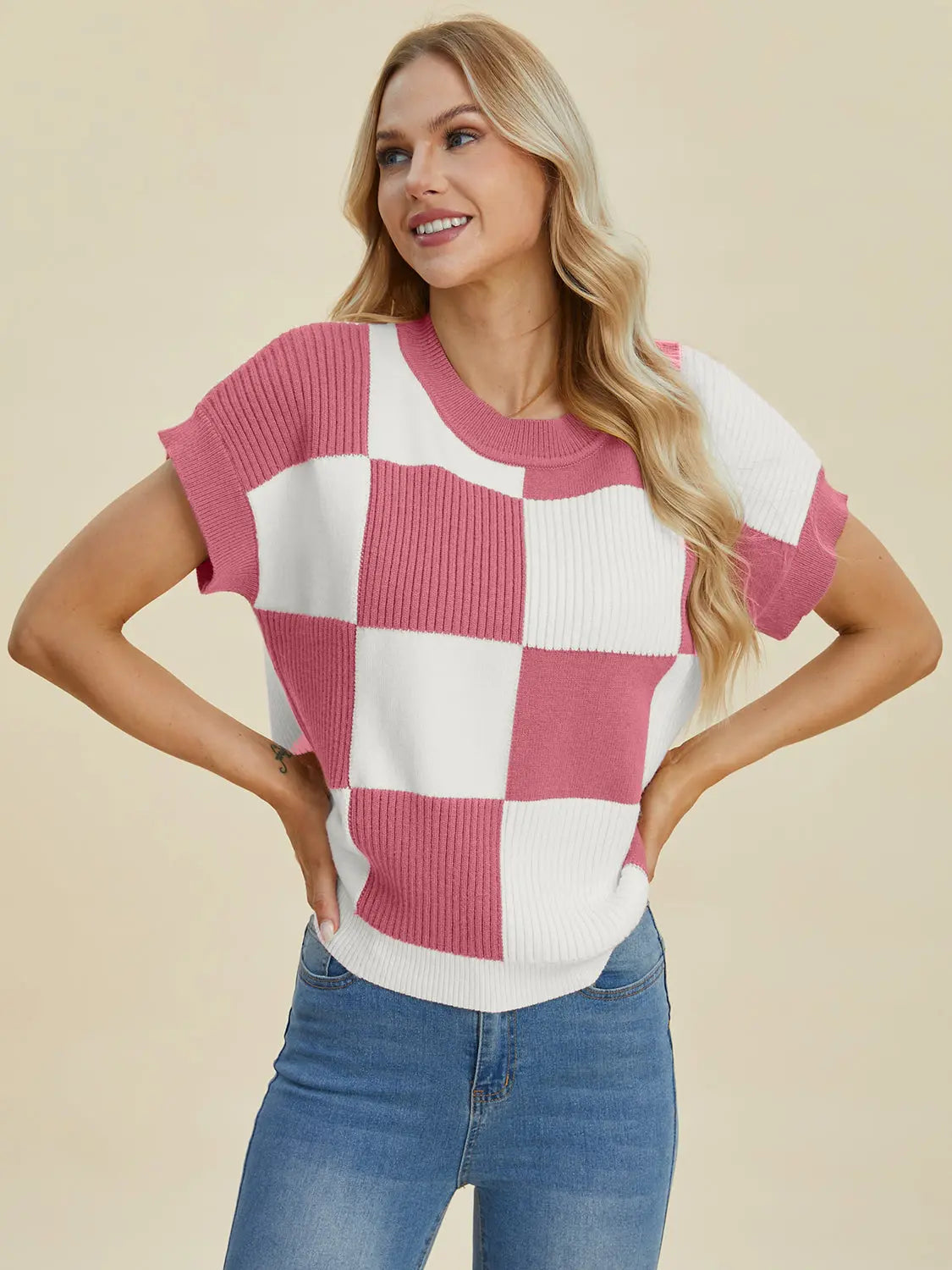 Double Take Checkered Round-Neck Short-Sleeve Sweater - Whispering Desires Shoppe