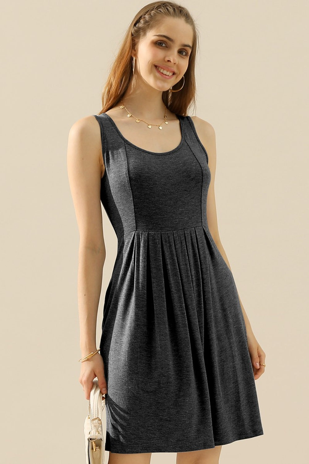 Doublju Ruched Round-Neck Sleeveless Dress w/ Pockets - Whispering Desires Shoppe