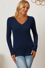 Basic Bae Ribbed V-Neck Long Sleeve Tee - Whispering Desires Shoppe