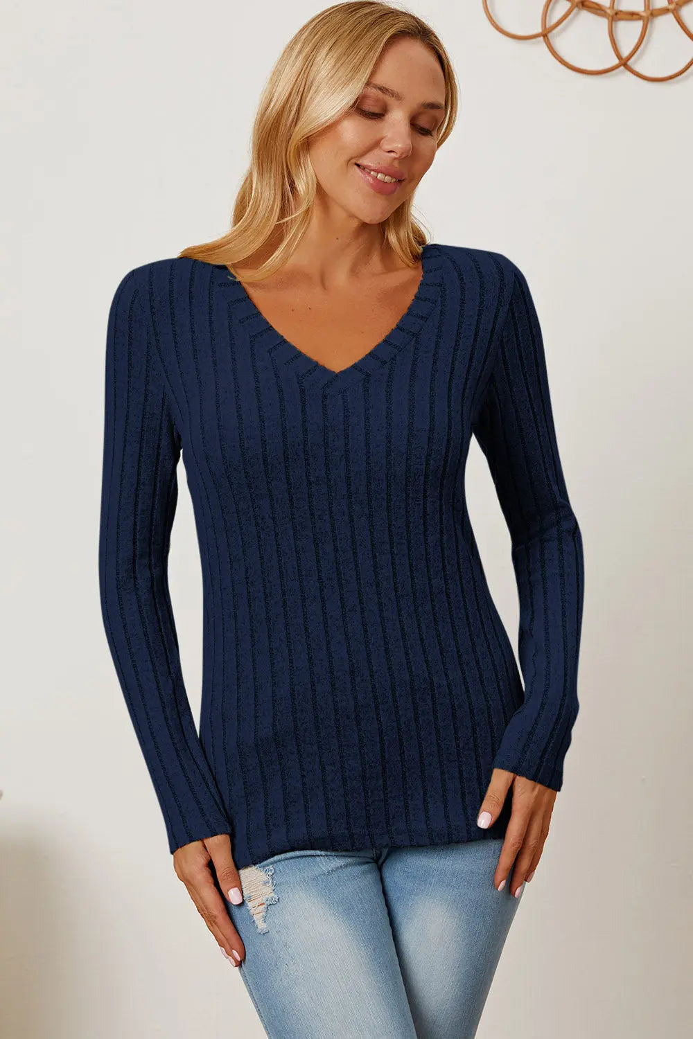 Basic Bae Ribbed V-Neck Long Sleeve Tee - Whispering Desires Shoppe