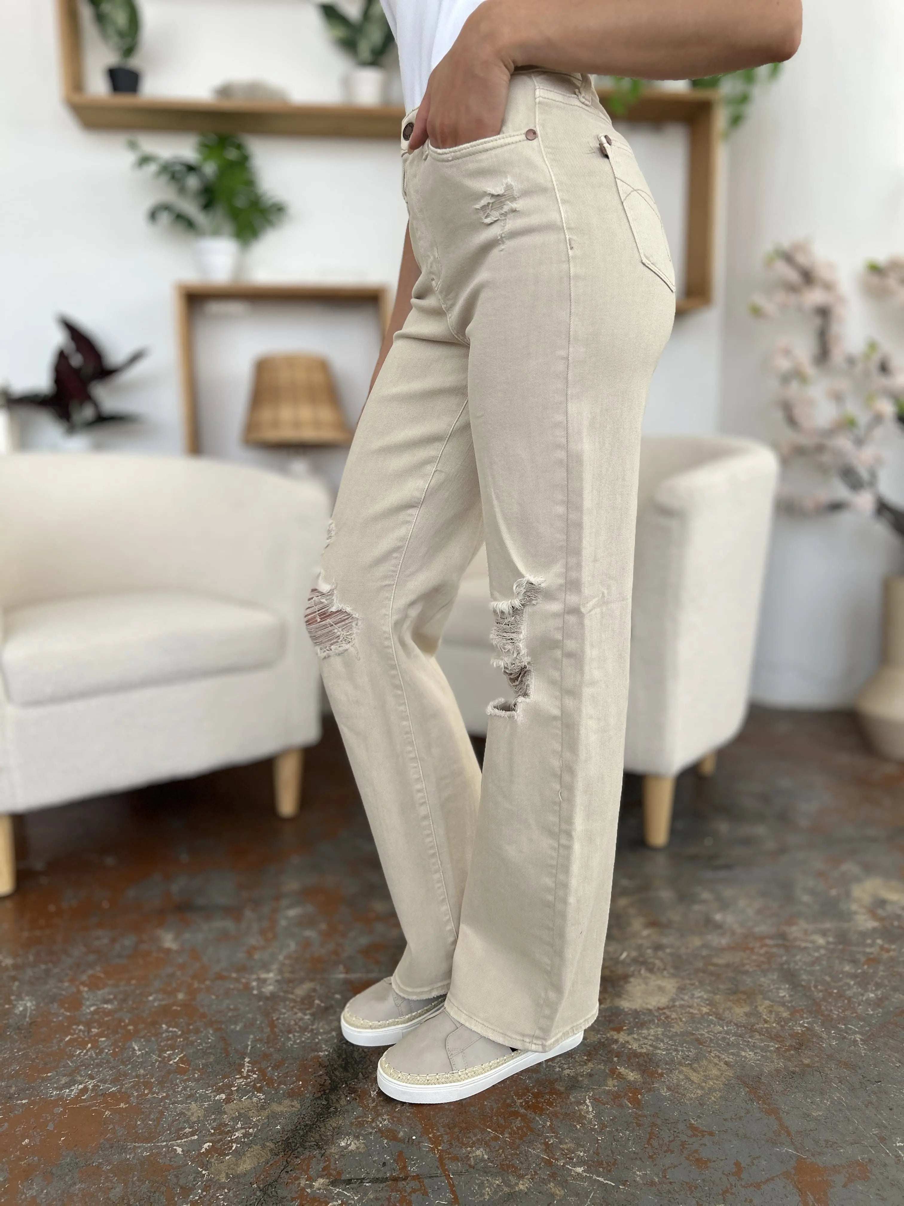 Judy Blue High-Waist Distressed Wide-Leg Jeans - Whispering Desires Shoppe