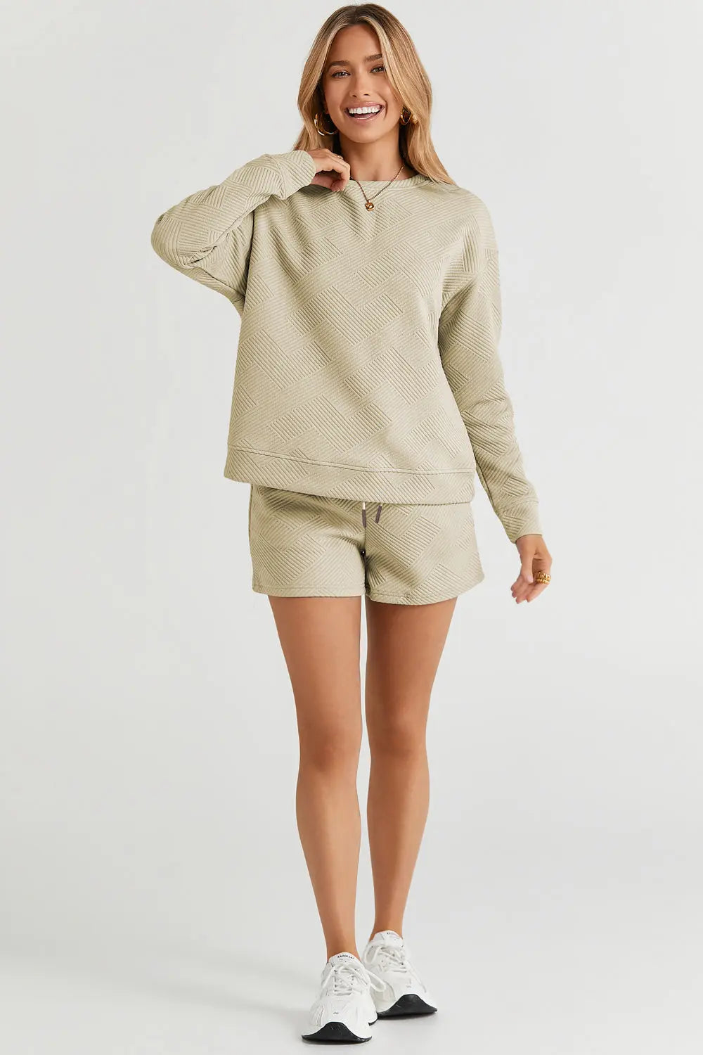 Double Take Textured Long Sleeve Top & Shorts Set - Whispering Desires Shoppe
