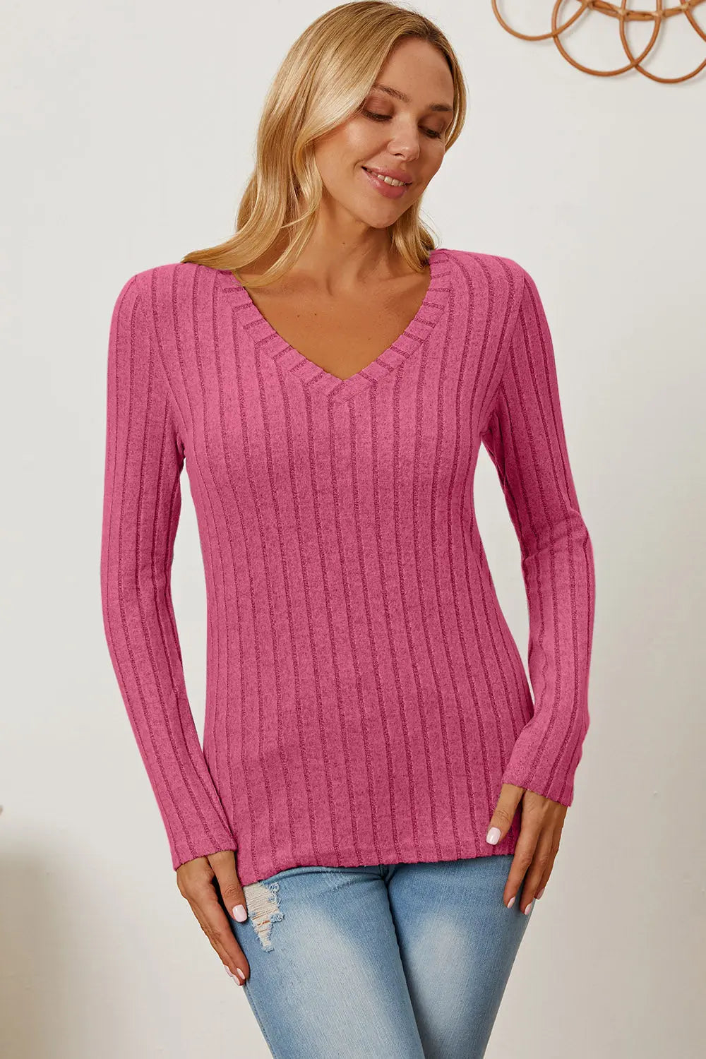 Basic Bae Ribbed V-Neck Long Sleeve Tee - Whispering Desires Shoppe