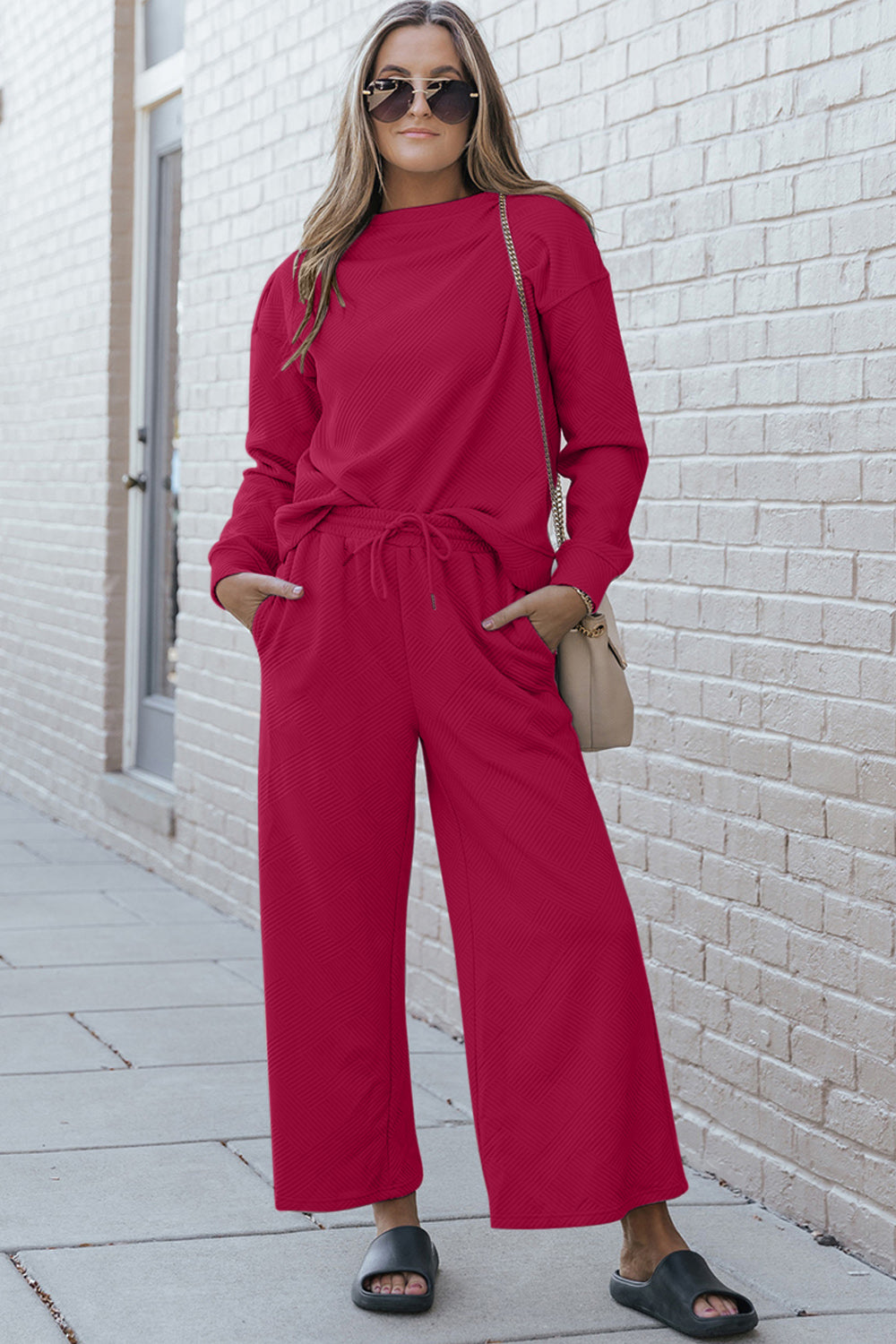 Double Take Full Size Textured Long Sleeve Top and Drawstring Pants Set - Whispering Desires Shoppe