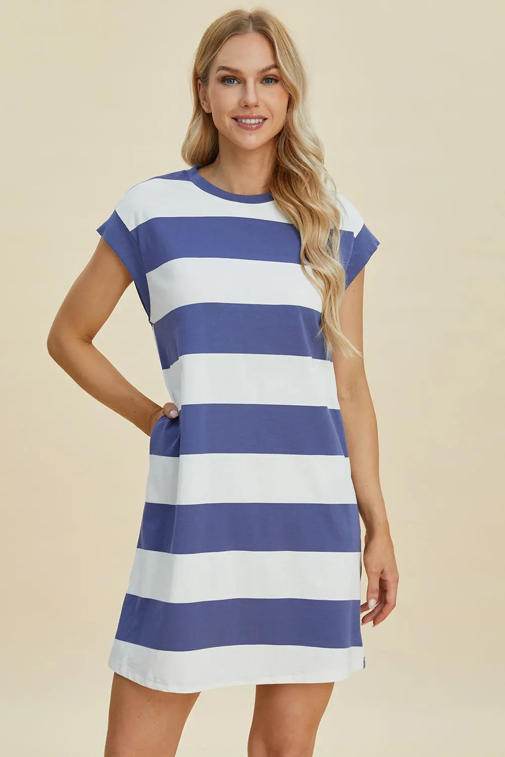 Striped Cap-Sleeve Mini Dress — Cotton-Blend Comfort - Whispering Desires Shoppe
