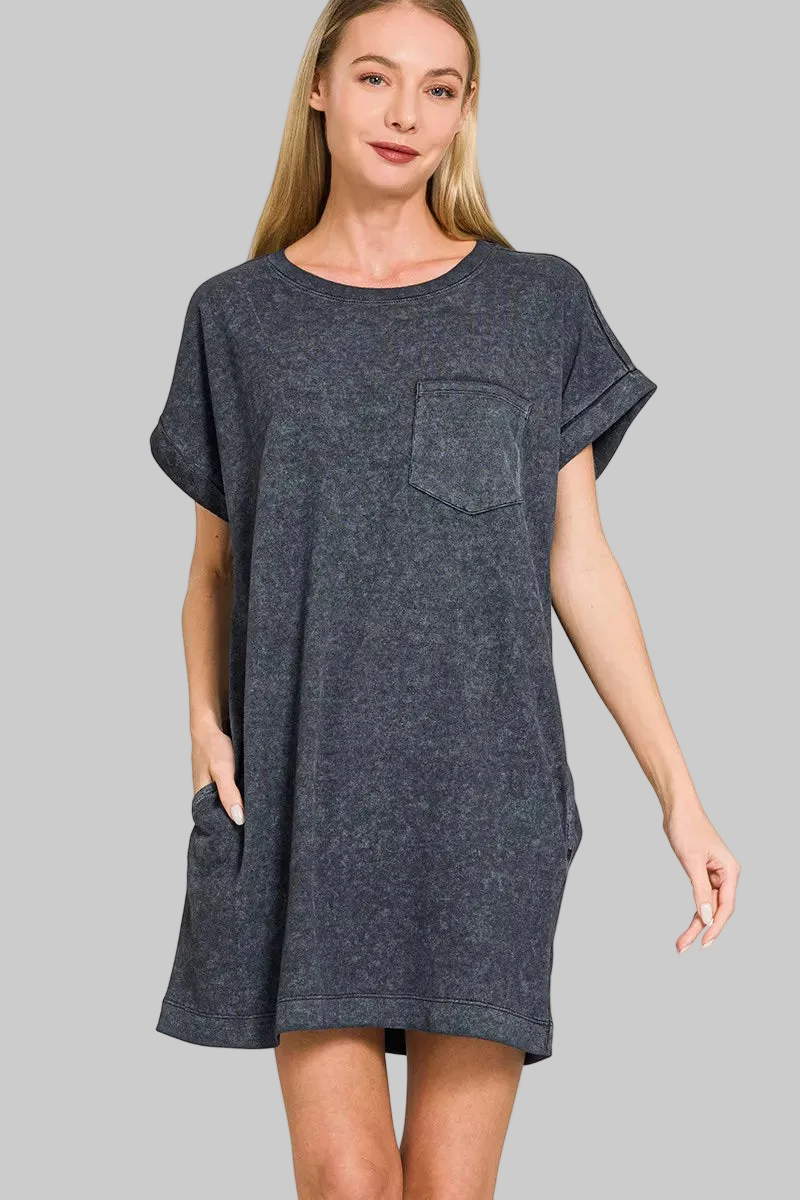 Zenana Premium Cotton Washed T-Shirt Dress with Pockets | Relaxed Fit Trendsi