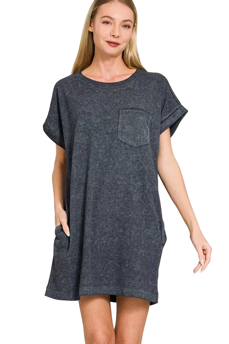 Zenana Premium Cotton Washed T-Shirt Dress with Pockets | Relaxed Fit Trendsi