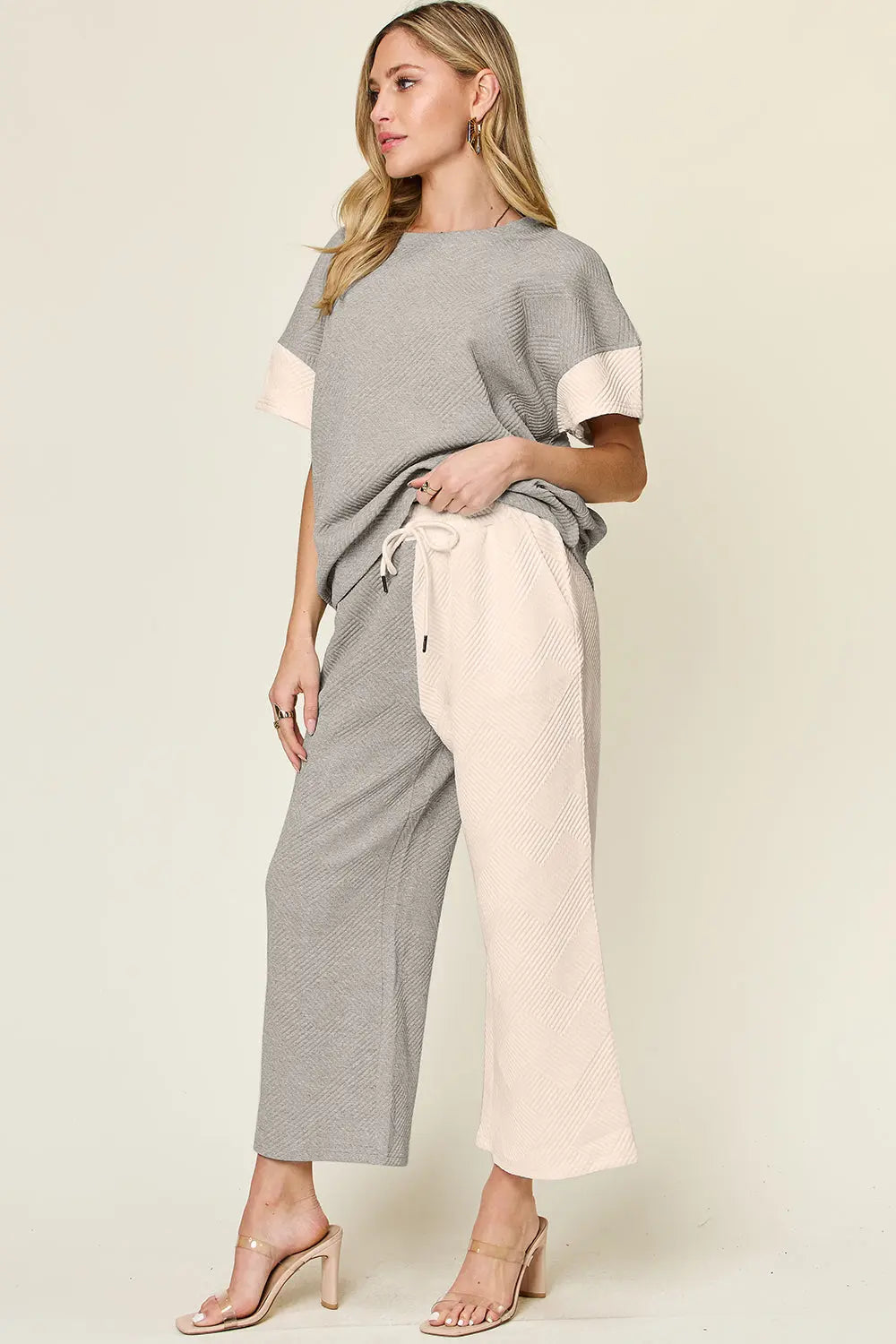 Double Take Texture Contrast Two-Piece Set — Wide Leg - Whispering Desires Shoppe