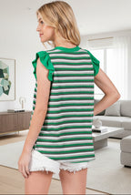 Ces Femme Striped Round Neck Ruffled Cap Sleeve Top - Whispering Desires Shoppe