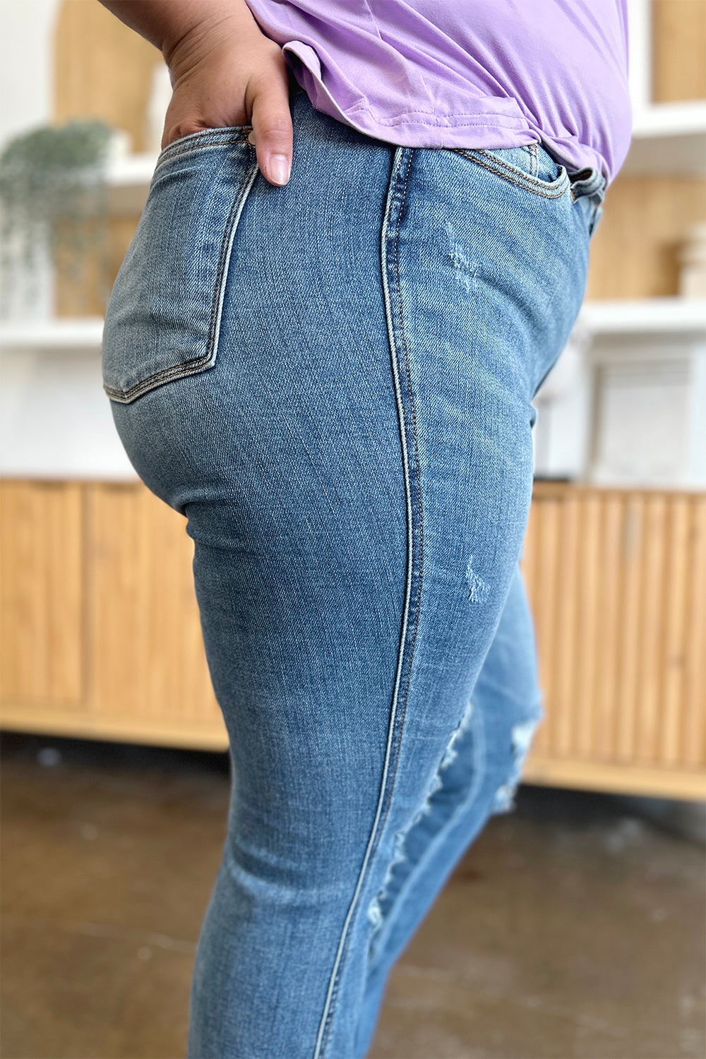 Judy Blue Distressed Raw-Hem Bootcut Jeans - Whispering Desires Shoppe