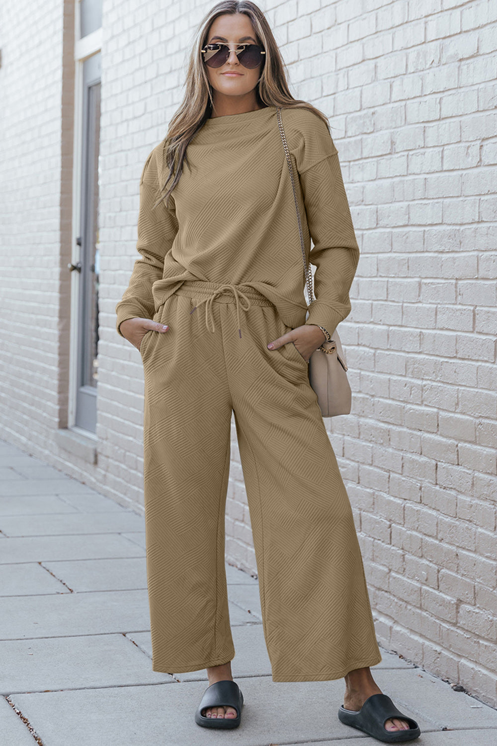Double Take Full Size Textured Long Sleeve Top and Drawstring Pants Set - Whispering Desires Shoppe