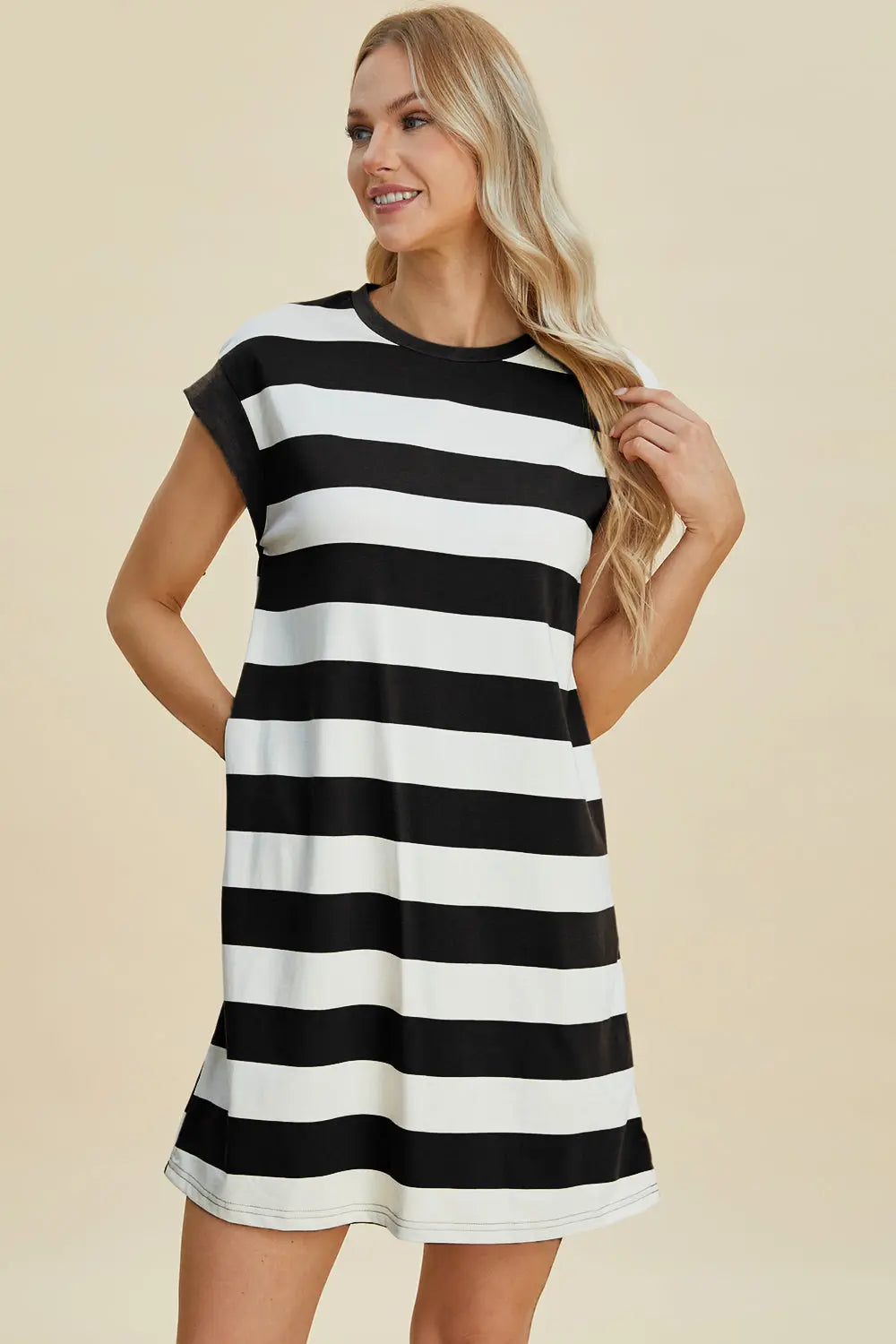 Striped Cap-Sleeve Mini Dress — Cotton-Blend Comfort - Whispering Desires Shoppe