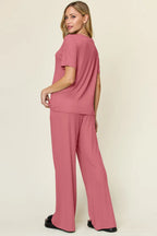 Double Take Short-Sleeve & Wide-Leg Two-Piece Set - Whispering Desires Shoppe