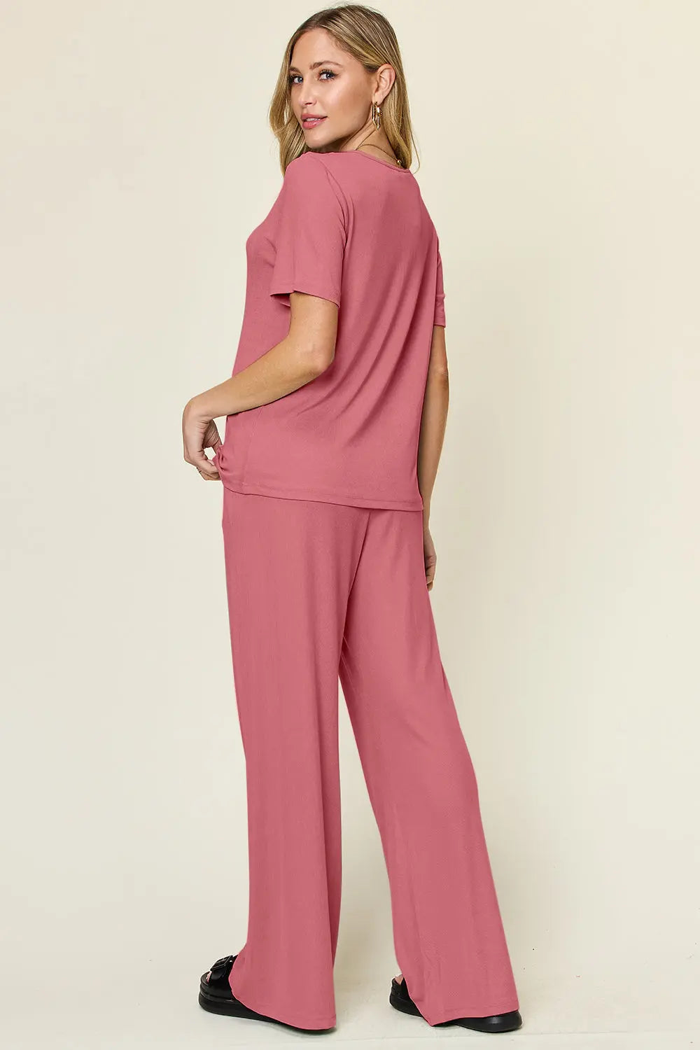 Double Take Short-Sleeve & Wide-Leg Two-Piece Set - Whispering Desires Shoppe