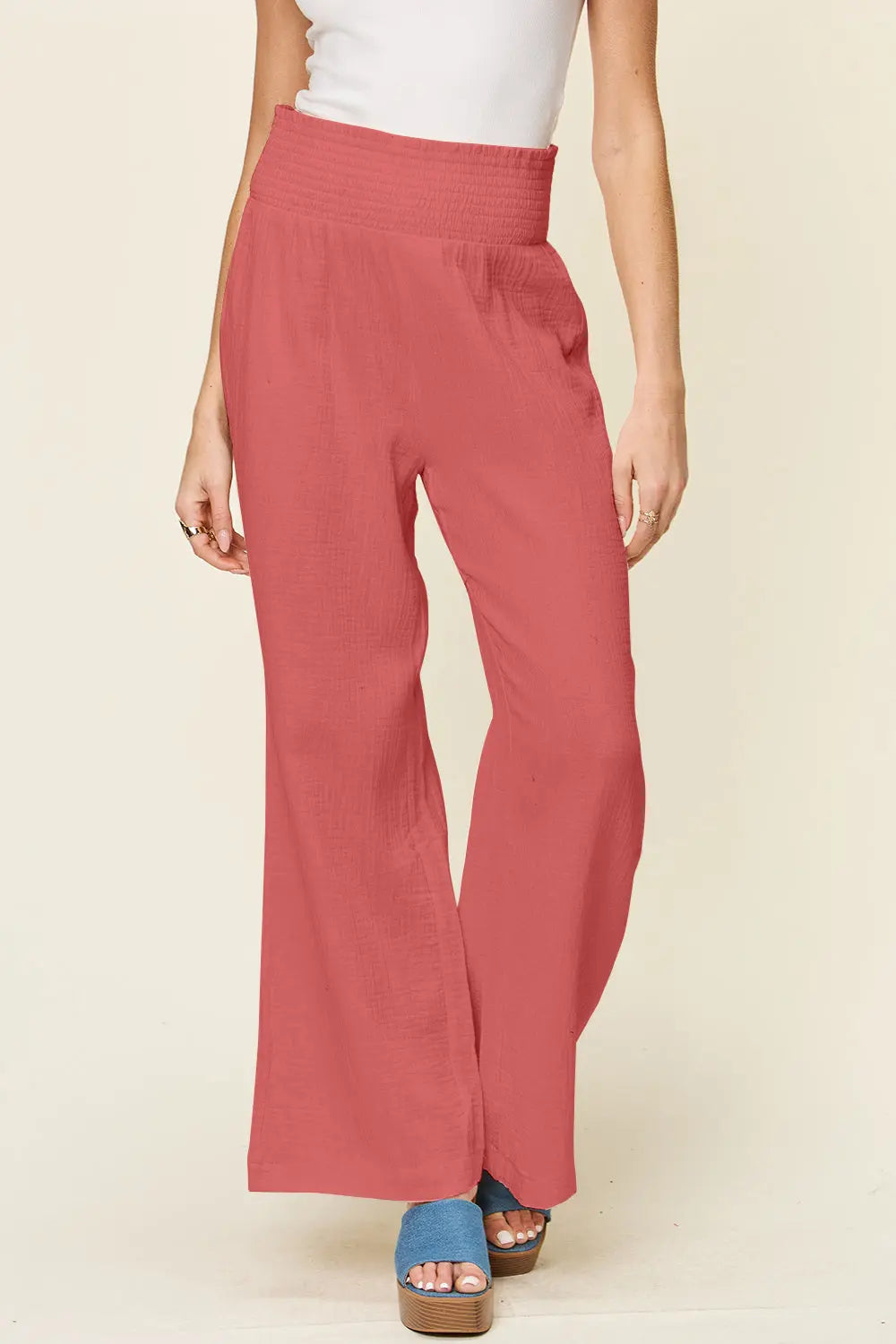 Double Take Smocked-Waist Wide-Leg Cotton Pants - Whispering Desires Shoppe