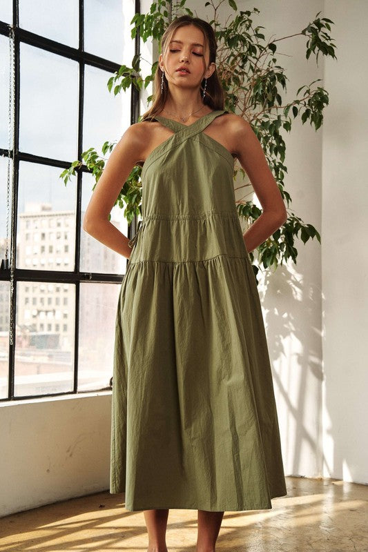 ADORA Crisscross Wide Strap Drawstring Detail Midi Dress - Whispering Desires Shoppe