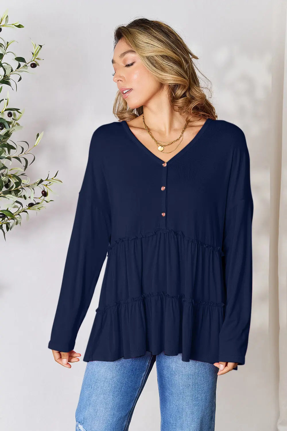 Double Take Ruffle-Hem Button Blouse - Whispering Desires Shoppe