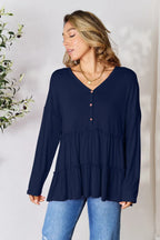 Double Take Ruffle-Hem Button Blouse - Whispering Desires Shoppe