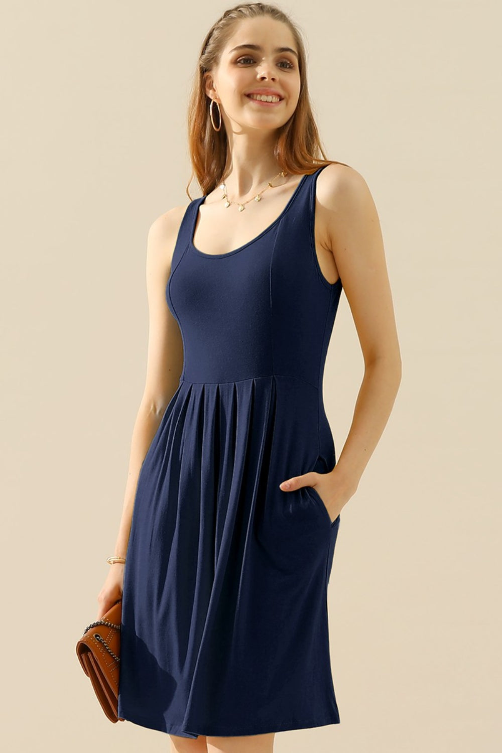 Doublju Ruched Round-Neck Sleeveless Dress w/ Pockets - Whispering Desires Shoppe