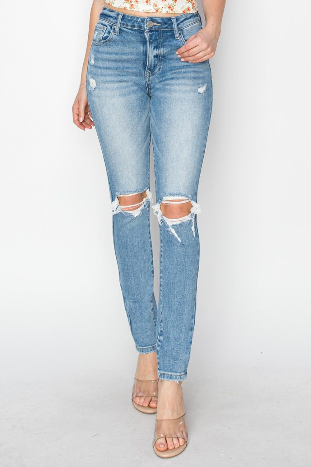 RISEN High-Rise Knee Distressed Skinny Jeans - Whispering Desires Shoppe